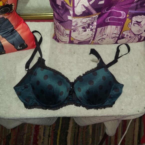Teal & black polka dot 34c bra with ruffles - Picture 1 of 9